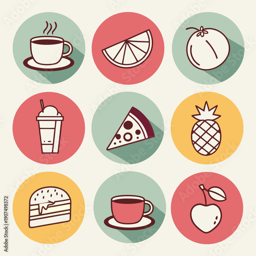 A colorful flat design arrangement showcases nine circular icons depicting various food and beverage items including fruits drinks and snacks