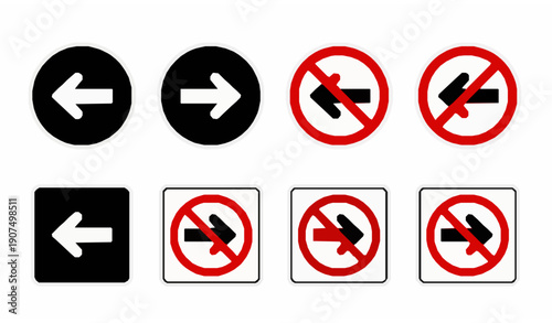 Regulatory traffic signs with left and right turn arrows and turn restrictions flat black vector isolated on white background for road safety design