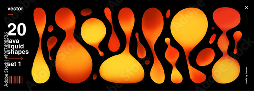 Lava 3d Gradient with Lamp Liquid Abstract as Futuristic Vibrant Set. Colorful Organic Illustration with Orange Lava Shape and Metaball Magma Blob. Background Red Lava with Effect Fluid 