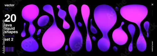 Lava 3d Gradient for Lamp Liquid Abstract Design and Futuristic Vibrant Set. Colorful Organic Illustration for Violet Float Shape and Metaball Magma Blob. Lava Blue Vector for Lamp Fluid Neon.