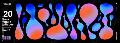 Lava 3d Abstract with Lamp Liquid Color and Illustration Shape Metaball. Magma Blob Background with Violet Vector Effect and Fluid Gradient Neon. Set Art Lava with Form Blue Lamp and Bubble.