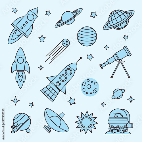 A charming linear illustration depicts various space elements including rockets planets stars and astronomical observation tools high quality professional