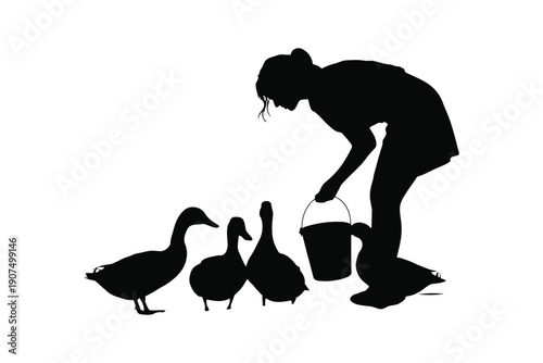 Silhouette of a person feeding three ducks with a bucket in hand black and white