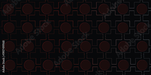 Dark abstract background featuring a repeating geometric pattern of red circles and interconnected lines.