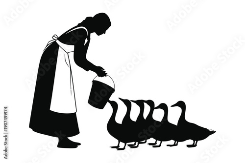 Silhouette of a woman in apron feeding a line of ducks with a bucket black and white