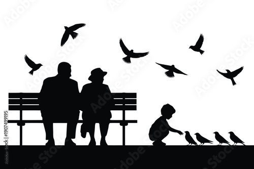 Silhouette of elderly couple on bench with child feeding birds in a park setting