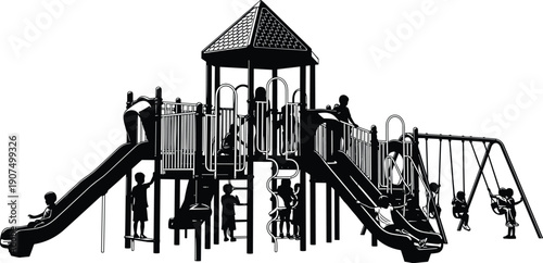 Black and white of children playing on a large playground structure with slides swings and climbing