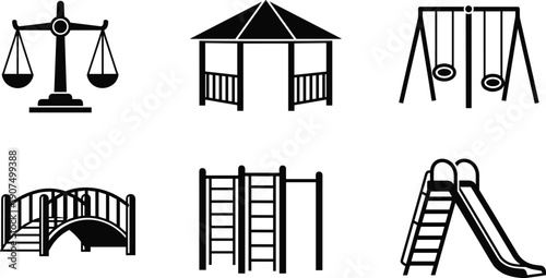 Black and white of playground equipment including a balance scale swing set slide jungle gym and bridge