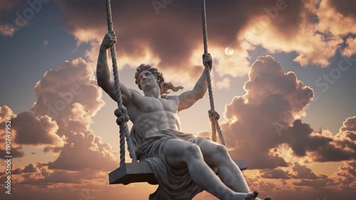 Classical male statue enjoying a swing ride amidst a dramatic sunset sky with fluffy clouds