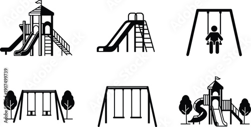 Black and white playground equipment including slides swings and climbing structures with trees in the background