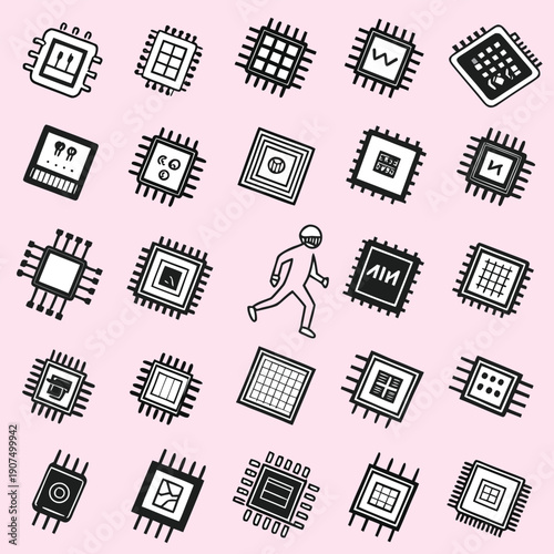 A collection of black microchips and integrated circuits are shown alongside a small stick figure running on a pink background