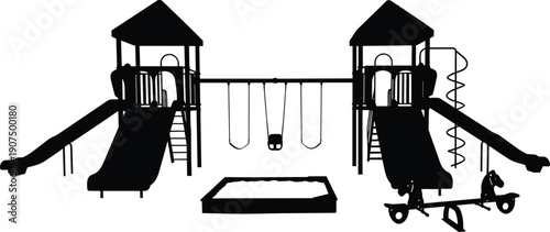 Black Silhouette of Children Playground Equipment Including Swings Slides and Climbing Structures