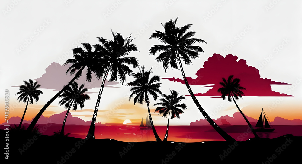 Fototapeta premium A beautiful flat vector illustration of a tropical beach sunset with palm tree silhouettes and a small sailboat on the horizon.