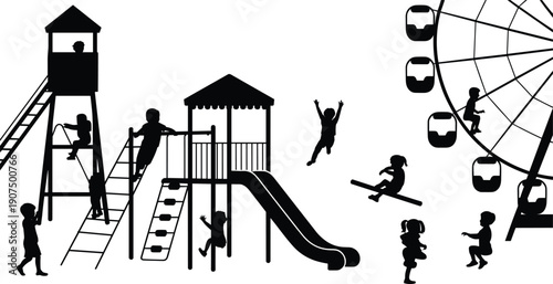 Children playing on playground equipment and a Ferris wheel in a black and white climbing sliding