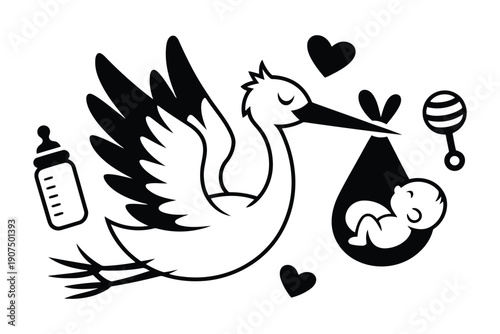 Black and white of a stork carrying a baby in a sling with baby bottle and rattle
