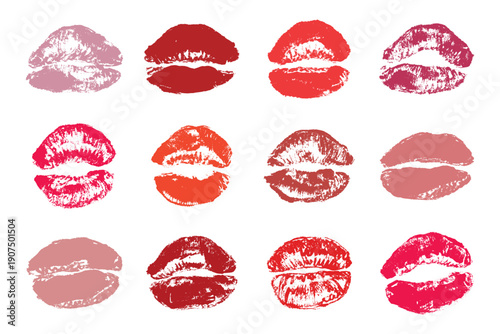 Set of lipstick kiss print Different shapes and colors imprint of lips Red pink female sexy lips makeup Design elements for beauty fashion poster Valentines Day wedding