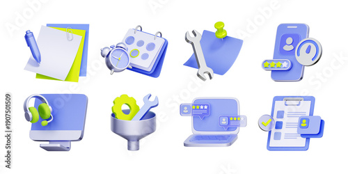 3D icon set of business support and service management including appointment scheduling, technical maintenance, customer service helpdesk, and user rating feedback.