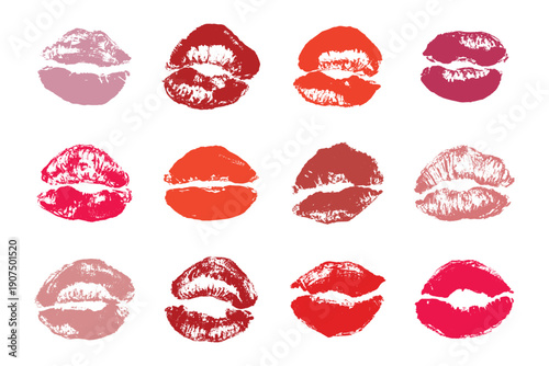 Set of lipstick kiss print Different shapes and colors imprint of lips Red pink female sexy lips makeup Design elements for beauty fashion poster Valentines Day wedding