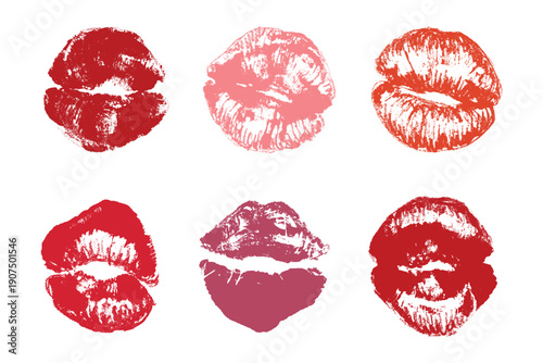 Set of lipstick kiss print Different shapes and colors imprint of lips Red pink female sexy lips makeup Design elements for beauty fashion poster Valentines Day wedding