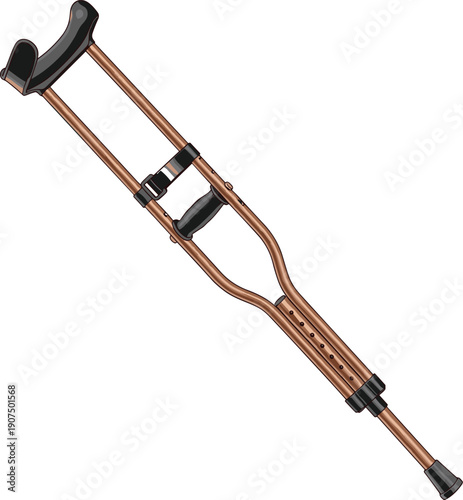 Copper colored crutches with black handles and adjustable metal parts on a white background