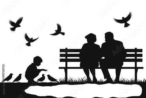 Silhouette of family feeding birds in a park setting with flying and perched birds