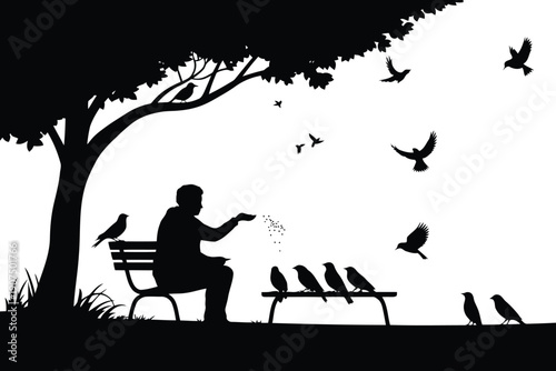 Silhouette of person feeding birds in a park under a tree at dusk