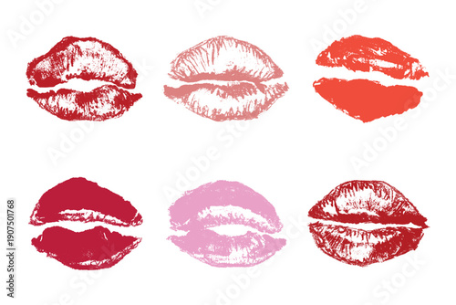 Set of lipstick kiss print Different shapes and colors imprint of lips Red pink female sexy lips makeup Design elements for beauty fashion poster Valentines Day wedding