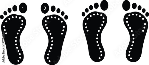 Black footprint silhouettes with dotted line path, human foot steps icon set, walking track trail, isolated vector illustration for health and movement design