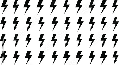 Black lightning bolt silhouettes collection, electric spark icons set, thunderbolt energy symbols, isolated vector illustration for power, speed, and weather storm design projects