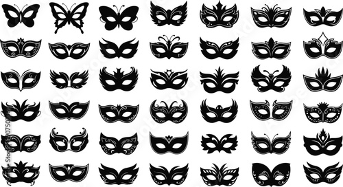 Black masquerade mask silhouettes collection featuring carnival, butterfly and fantasy designs, elegant decorative icons set isolated on white background for party, festival and design use