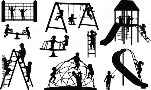 Silhouettes of children playing on various playground equipment including swings slides climbing structures and jungle gym