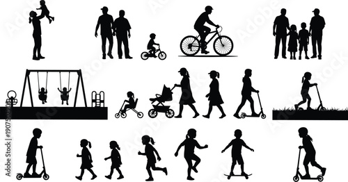 Silhouettes of people and children engaging in various outdoor activities with bicycles scooters and playground equipment