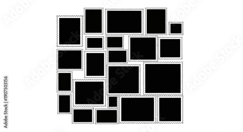 A black and white collage template featuring multiple empty photo frames with white borders, arranged in an irregular grid pattern.