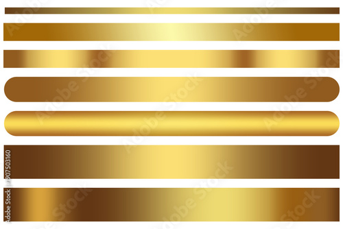 Set of shiny gold gradient banners with metallic finish, for luxury branding, awards, headers, labels, and elegant promotional graphics on transparent backgrounds.

