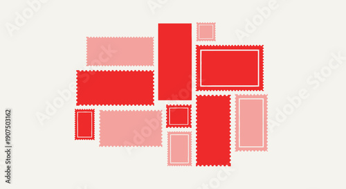 A collage of various red and pink rectangular shapes with perforated edges resembling postage stamps.