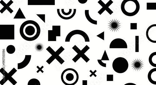 A dynamic black and white abstract pattern featuring a random assortment of geometric shapes including circles, squares, triangles, crosses, and arcs, creating a modern and minimalist design.