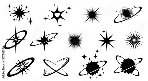 A collection of black and white vector graphics featuring various starbursts, sparkles, and celestial-themed abstract glowing elements with orbital rings.