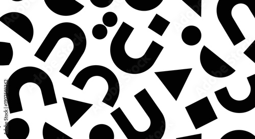 Abstract black and white seamless pattern with various geometric shapes like semicircles, dots, triangles, and U-shapes creating a modern graphic design.