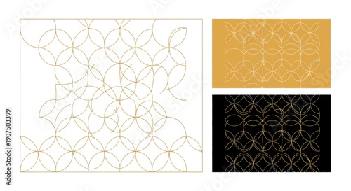Elegant golden overlapping circles pattern on white, gold, and black backgrounds, creating a sophisticated geometric design.
