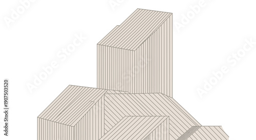Architectural illustration of a modern building with a unique, angular design and vertical siding.
