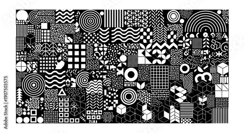A dense, abstract collage of black and white geometric patterns and shapes, creating a visually complex and dynamic composition.