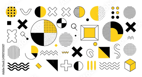 A collection of abstract geometric shapes and patterns in yellow, black, and white, arranged in a grid-like composition.