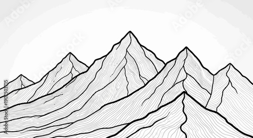A minimalist line art illustration of a mountain range with sharp peaks and textured slopes under a bright sky.