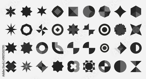 A collection of diverse geometric abstract shapes and icons in various shades of gray.