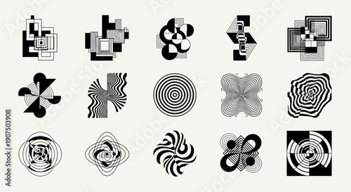 A collection of abstract geometric shapes and patterns in black and white, arranged in a grid.