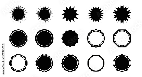A collection of 15 black starburst and circular badge-like graphic elements on a white background.