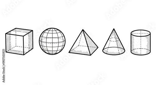 A collection of five basic 3D geometric shapes including a cube, sphere, pyramid, cone, and cylinder, presented in a line against a white background.