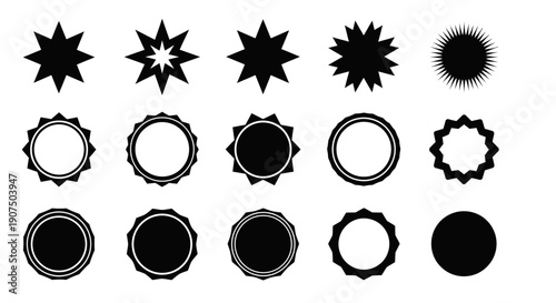 A collection of various starburst and circular badge shapes in black and white, presented in a grid.