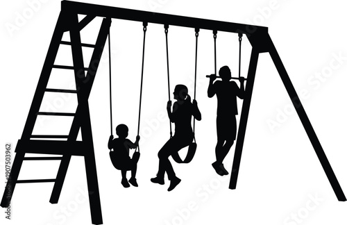 Three children playing on a black swing set with a ladder and monkey bars swings