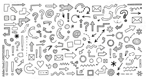 A large collection of hand-drawn doodle arrows, symbols, and icons in black and white, perfect for design elements.